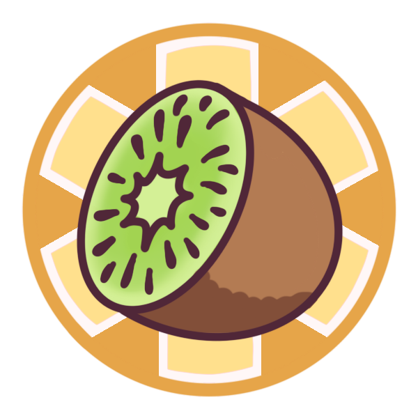 a yellow circle with a large medical alert asterisk inside it, and half a kiwi fruit cut pictured in the center.